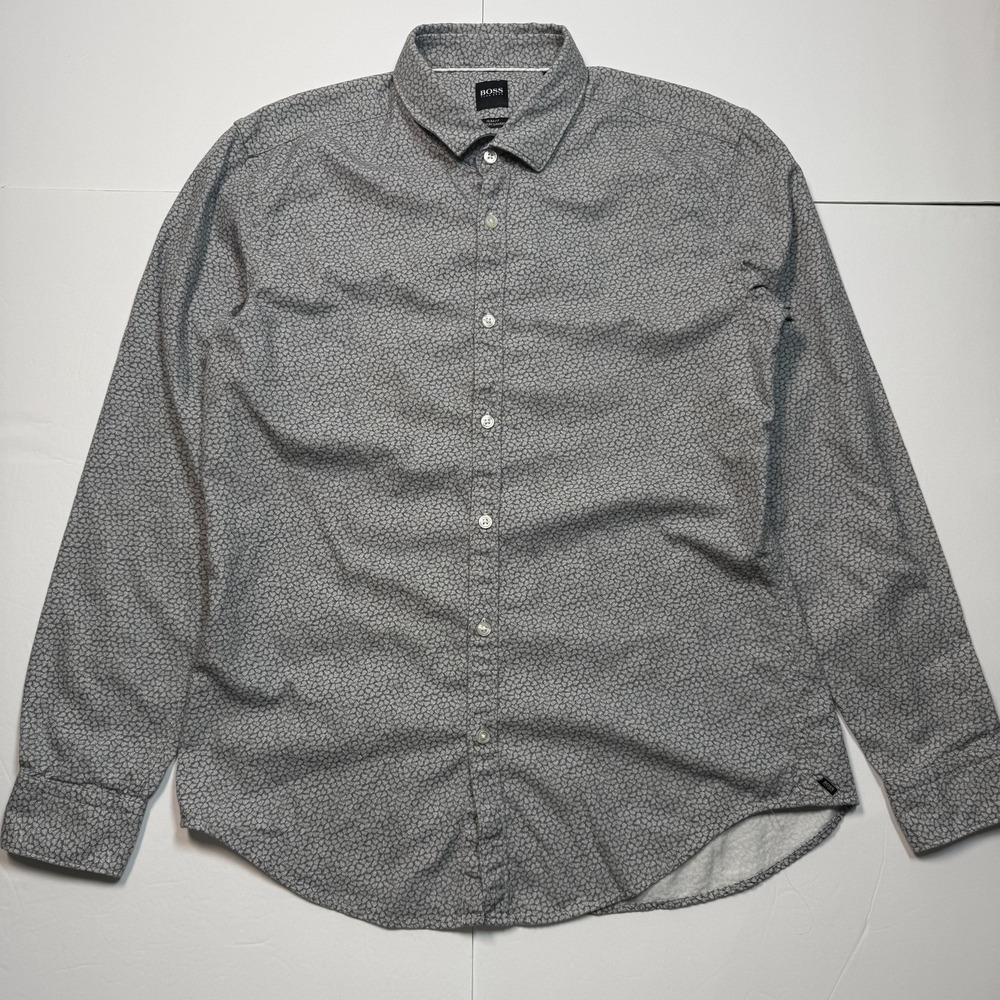 Boss Hugo Boss Shirt Mens Large Gray Floral Slim Fit Cotton Bamboo Button Up